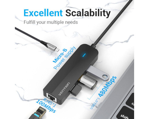 Хаб Vention USB-C to USB 3.0*3/RJ45/Micro-B HUB 0.15M Black ABS Type (TGPBB)