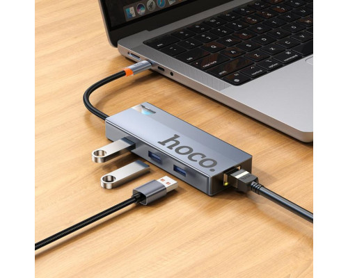 USB-хаб HOCO HB51 Wow 6-in-1 multi-function converter (HDTV+RJ45+PD+USB3.0*3) Deep Space Gray (6942007647304)