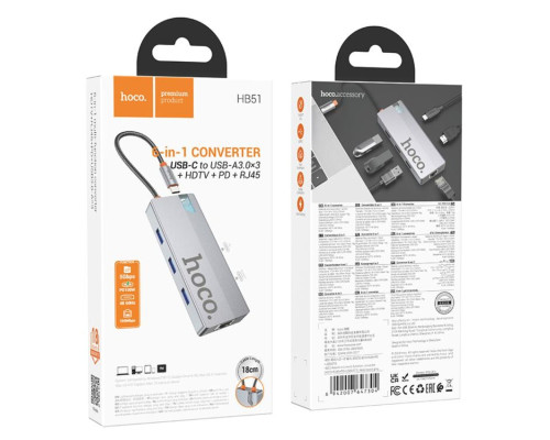USB-хаб HOCO HB51 Wow 6-in-1 multi-function converter (HDTV+RJ45+PD+USB3.0*3) Deep Space Gray (6942007647304)