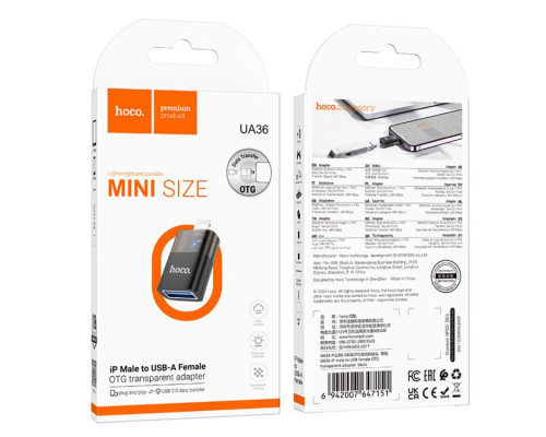 Перехідник HOCO UA36 iP male to USB female OTG transparent adapter Black (6942007647151)