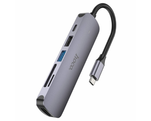 Кабель-перехiдник HOCO HB28 Type-C multi-function converter(HDTV+USB3.0+USB2.0+SD+TF+PD) Metal Gray