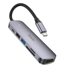 Кабель-перехiдник HOCO HB28 Type-C multi-function converter(HDTV+USB3.0+USB2.0+SD+TF+PD) Metal Gray