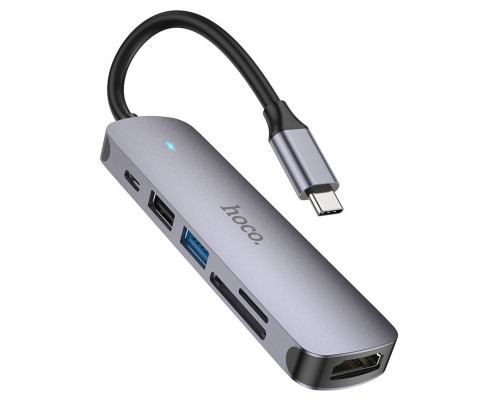 Кабель-перехiдник HOCO HB28 Type-C multi-function converter(HDTV+USB3.0+USB2.0+SD+TF+PD) Metal Gray