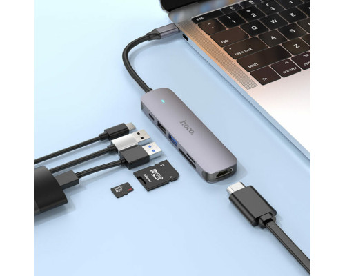 Кабель-перехiдник HOCO HB28 Type-C multi-function converter(HDTV+USB3.0+USB2.0+SD+TF+PD) Metal Gray