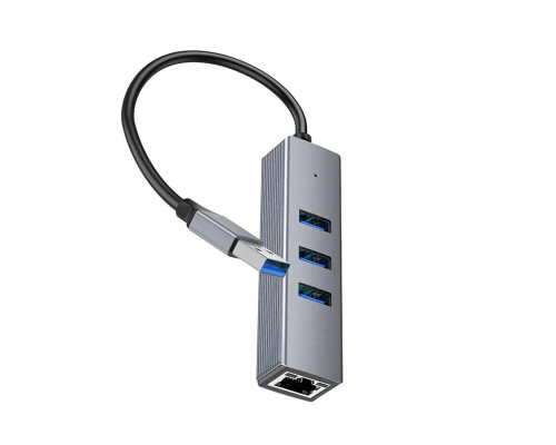 Кабель-перехiдник HOCO HB34 Easy link USB Gigabit Ethernet adapter(USB to USB3.0*3+RJ45) Metal Gray