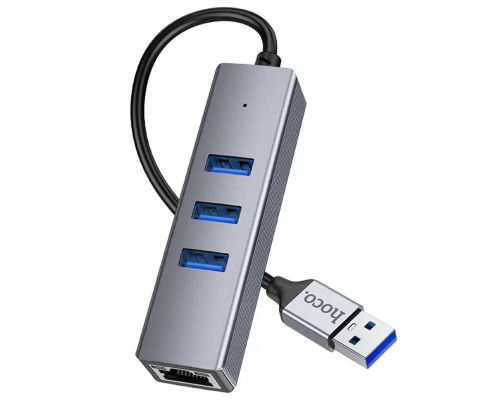 Кабель-перехiдник HOCO HB34 Easy link USB Gigabit Ethernet adapter(USB to USB3.0*3+RJ45) Metal Gray