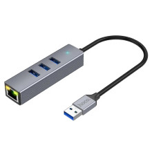 Кабель-перехiдник HOCO HB34 Easy link USB Gigabit Ethernet adapter(USB to USB3.0*3+RJ45) Metal Gray