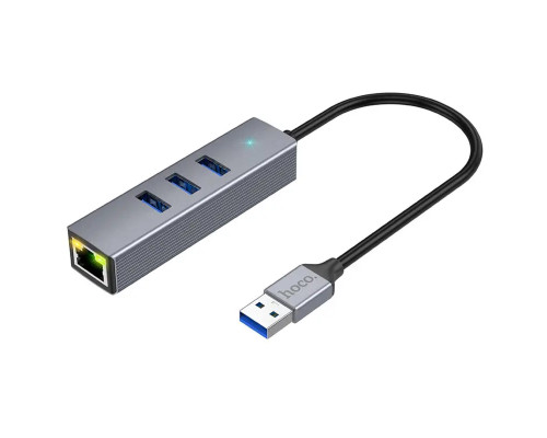 Кабель-перехiдник HOCO HB34 Easy link USB Gigabit Ethernet adapter(USB to USB3.0*3+RJ45) Metal Gray