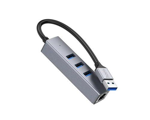 Кабель-перехiдник HOCO HB34 Easy link USB Gigabit Ethernet adapter(USB to USB3.0*3+RJ45) Metal Gray