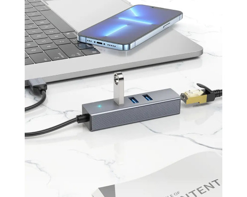 Кабель-перехiдник HOCO HB34 Easy link USB Gigabit Ethernet adapter(USB to USB3.0*3+RJ45) Metal Gray