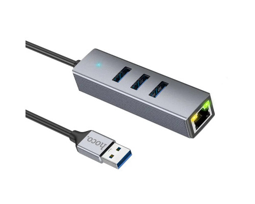 Кабель-перехiдник HOCO HB34 Easy link USB Gigabit Ethernet adapter(USB to USB3.0*3+RJ45) Metal Gray