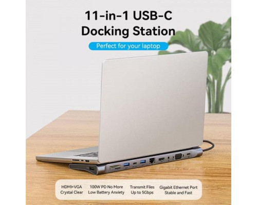 Хаб Vention Multi-function USB-C to HDMI/VGA/USB-C Gen 1/USB 3.0x2/USB 2.0/RJ45/SD/TF/TRRS 3.5mm/PD Docking Station 0.25m (THTHC)