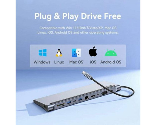 Хаб Vention Multi-function USB-C to HDMI/VGA/USB-C Gen 1/USB 3.0x2/USB 2.0/RJ45/SD/TF/TRRS 3.5mm/PD Docking Station 0.25m (THTHC)