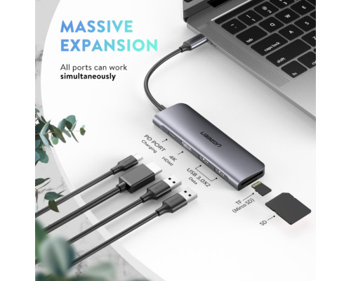 Хаб UGREEN USB-C to 2 Ports USB3.0-A Hub + HDMI + TF/SD with PD Power Supply (Space Gray) (UGR-70411)