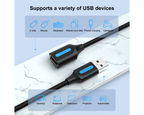 Кабель Vention USB 2.0 A Male to A Female Extension Cable 1M black PVC Type (CBIBF) (CBIBF)