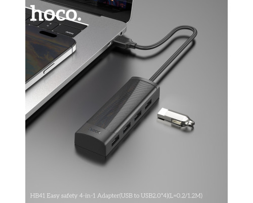 Кабель-перехiдник HOCO HB41 Easy safety 4-in-1 Adapter(USB to USB2.0*4)(L=1.2M) Black (6942007615136)