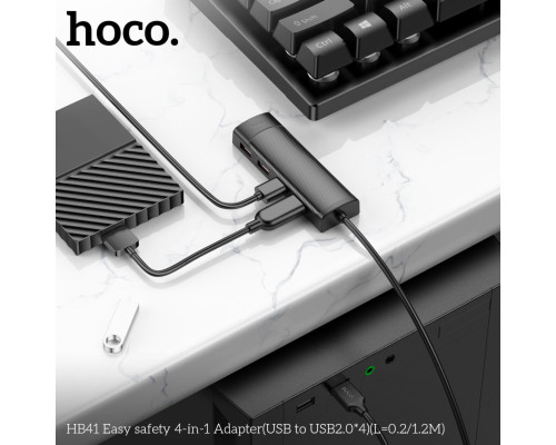 Кабель-перехiдник HOCO HB41 Easy safety 4-in-1 Adapter(USB to USB2.0*4)(L=1.2M) Black (6942007615136)