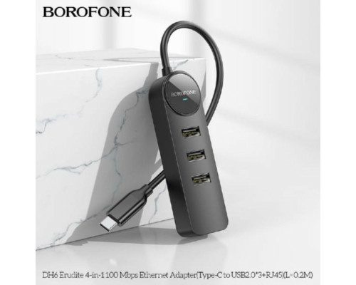 Адаптер Borofone DH6 Erudite 4-in-1 100 Mbps Ethernet Adapter(Type-C to USB2.0*3+RJ45)(L=0.2M) Black