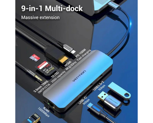 Хаб Vention Multi-function USB-C to HDMI/USB-C Gen 1/USB3.0x2/RJ45/SD/TF/TRRS 3.5mm/PD Docking Station 0.15M Gray Aluminum (TOMHB)