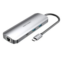 Хаб Vention Multi-function USB-C to HDMI/USB-C Gen 1/USB3.0x2/RJ45/SD/TF/TRRS 3.5mm/PD Docking Station 0.15M Gray Aluminum (TOMHB)