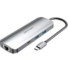 Хаб Vention Multi-function USB-C to HDMI/USB-C Gen 1/USB3.0x2/RJ45/SD/TF/TRRS 3.5mm/PD Docking Station 0.15M Gray Aluminum (TOMHB)