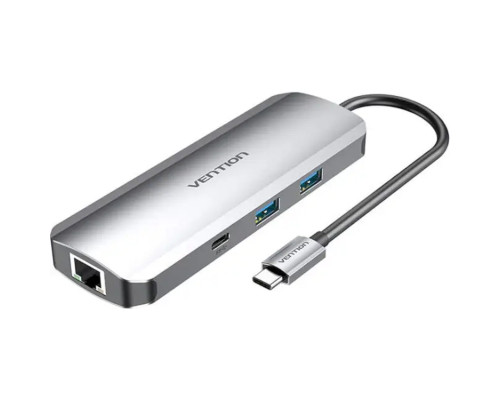 Хаб Vention Multi-function USB-C to HDMI/USB-C Gen 1/USB3.0x2/RJ45/SD/TF/TRRS 3.5mm/PD Docking Station 0.15M Gray Aluminum (TOMHB)