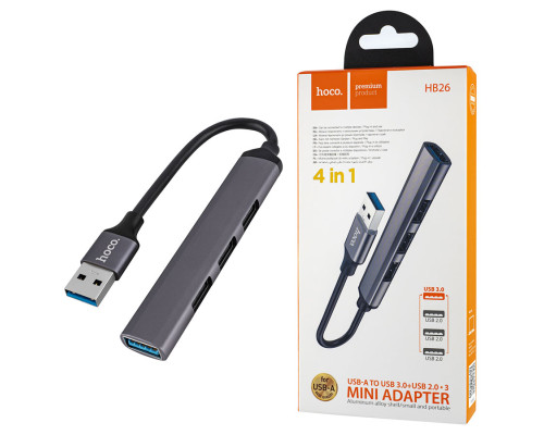 USB HUB Hoco HB26 4 in 1 adapter (USB to USB3.0+USB2.0*3) Metal Gray NBB-140454