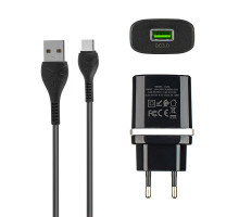 Зарядний пристрій HOCO C12Q Smart, QC3.0, 18W, Black (Type-C Set) (66931474716293) NBB-123423