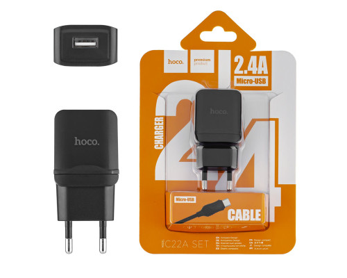 Зарядний пристрій Hoco C22A , USB 2.4A , чорний + (Кабель Micro USB) NBB-128843