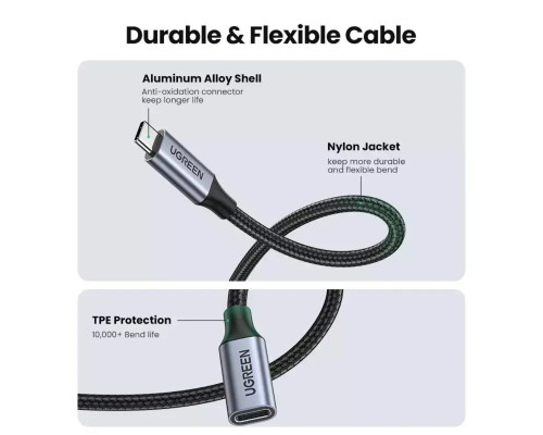 Кабель UGREEN US372 USB-C Male to USB-C Female Gen2 Alu Case Braided Extension Cable 1m (Space Gray)(UGR-30205) (UGR-30205)