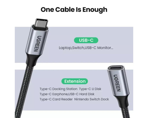 Кабель UGREEN US372 USB-C Male to USB-C Female Gen2 Alu Case Braided Extension Cable 1m (Space Gray)(UGR-30205) (UGR-30205)