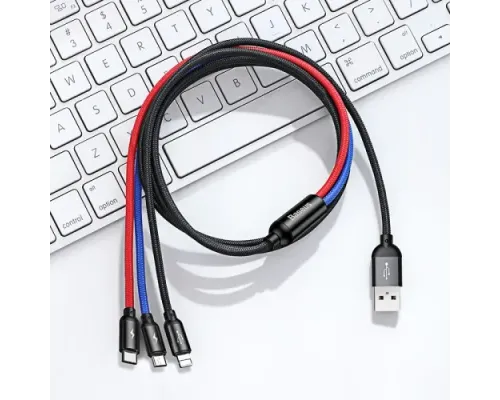 USB кабель Baseus Three Primary Colors 3-in-1 Cable USB For M+L+T 3.5A 1.2M Black CAMLT-BSY01 mag-6953156273948151575