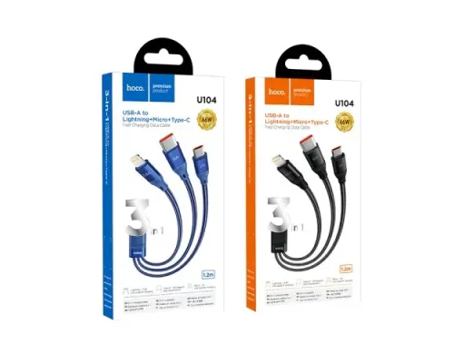 Кабель HOCO U104 3-in-1 Ultra fast charging cable(iP+Type-C+Micro) 6A/1,2m Black mag-6931474755933143982