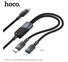 PD Кабель HOCO U139 C to C+iP 100W fast charging data cable 1.2m black mag-6942007647656145614
