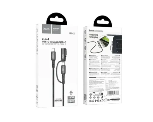 PD Кабель HOCO U142 2-in-1 magnetic C to C 240W (48V/5A)/Type-C to MagSafe3 140W (28V/5A) Black mag-6942007648943144070