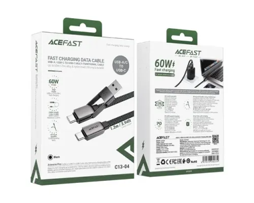 USB/PD кабель ACEFAST C13-04 zinc alloy connectors USB/Type-C to Type-C 60W 1.2m Black mag-6974316282334153269