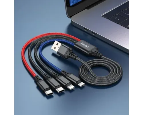 Кабель HOCO X76 4-in-1 Super charging cable(Type-C+Type-C+iP+Micro) 2A/1m Black/red/blue mag-6931474768650143991