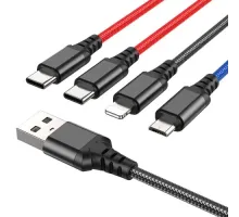 Кабель HOCO X76 4-in-1 Super charging cable(Type-C+Type-C+iP+Micro) 2A/1m Black/red/blue mag-6931474768650143991