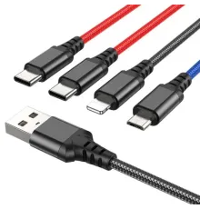 Кабель HOCO X76 4-in-1 Super charging cable(Type-C+Type-C+iP+Micro) 2A/1m Black/red/blue mag-6931474768650143991