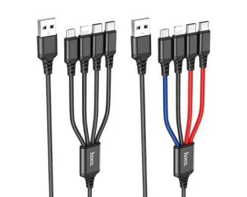 Кабель HOCO X76 4-in-1 Super charging cable(Type-C+Type-C+iP+Micro) 2A/1m Black/red/blue mag-6931474768650143991