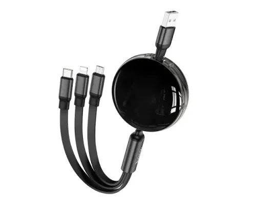 PD Кабель HOCO X78 Easy pull storage 3-in-1 charging cable Black mag-6931474791290152424