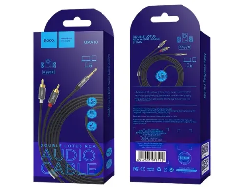 Аудіоадаптер HOCO UPA10 double lotus rca audio cable 3.5mm 1,5m. Metal Grey mag-6957531078142153872
