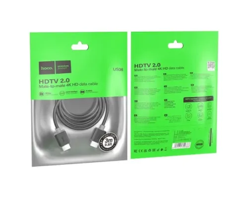 HDTV кабель HOCO US08 HDTV 2.0 male-to-male 4K HD data cable 3M Black mag-6931474799401144007