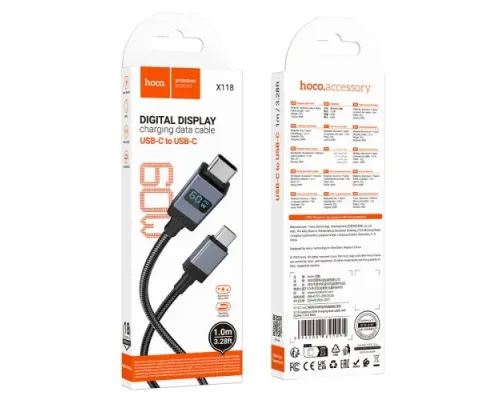 PD Кабель HOCO X118 Generous 60W charging data cable with display C to C black mag-6942007655095145300