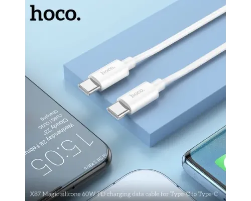 PD Кабель HOCO X87 Magic silicone charging data cable for Type-C to Type-C PD60W/3A/1m. White mag-6931474783264146709