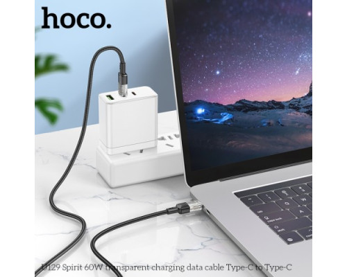 PD Кабель HOCO U129 Spirit 60W transparent charging data cable Type-C to Type-C 1,2m. Black mag-69420076124701759