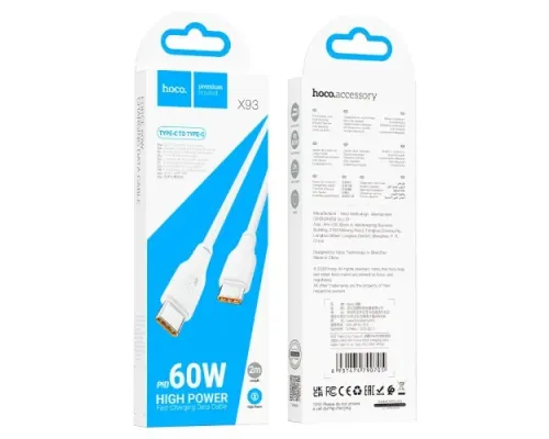 PD Кабель HOCO X93 Force 60W fast charging data cable Type-C to Type-C 2m. White mag-6931474790705151115