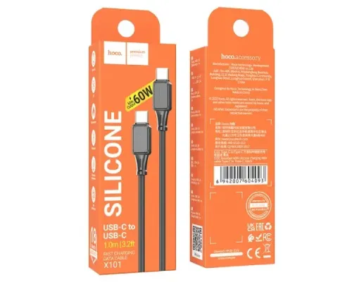 PD Кабель HOCO X101 Assistant 60W silicone charging data cable Type-C to Type-C Black mag-6942007604093154184