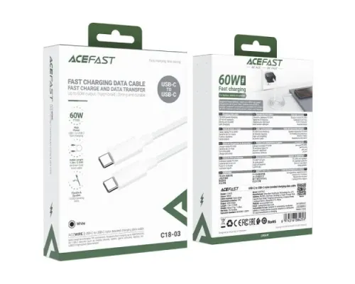 PD кабель ACEFAST C18-03 Type-C to Type-C braid charging data cable 3A 1,2m White mag-6974316284253153800