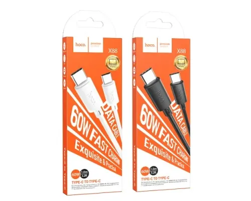 PD Кабель HOCO X88 Gratified charging data cable for Type-C to Type-C PD60W/3A/1m. Black mag-6931474783363154143